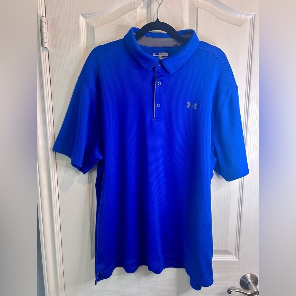 🔷”Under Armour” Royal Blue Sport Performance Button up Polo Shirt “Heat Gear”